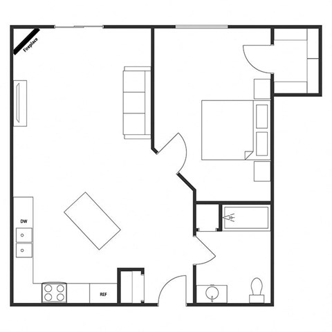 Floor plan for 1 bed, 1 bath, 751 sqft