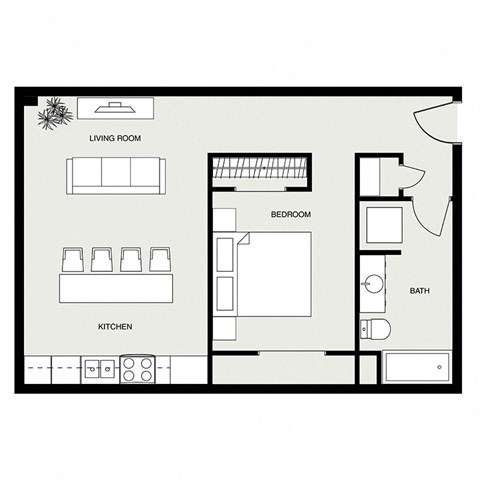 Floor plan for 1 bed, 1 bath, 656 sqft