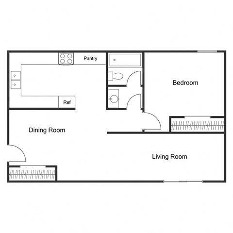 Floor plan for 1 bed, 1 bath, 750 sqft