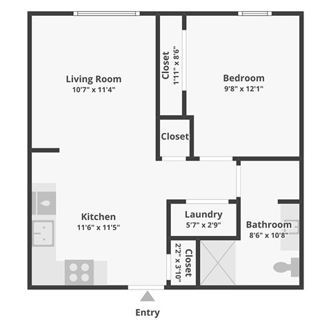 Floor plan for 1 bed, 1 bath, 650 sqft