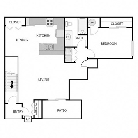 Floor plan for 1 bed, 1 bath, 800 sqft