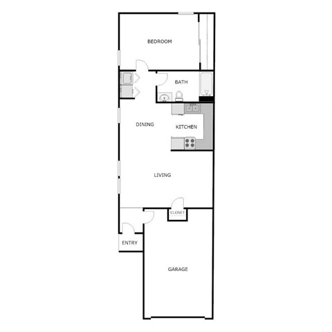 Floor plan for 1 bed, 1 bath, 735 sqft