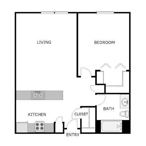 Floor plan for 1 bed, 1 bath, 671 sqft