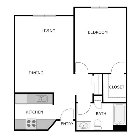 Floor plan for 1 bed, 1 bath, 900 sqft