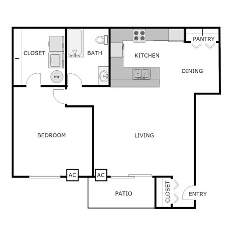 Floor plan for 1 bed, 1 bath, 828 sqft