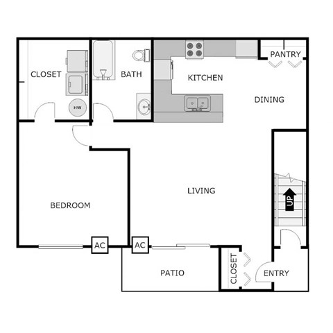 Floor plan for 1 bed, 1 bath, 896 sqft