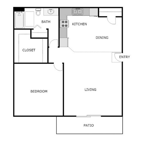 Floor plan for 1 bed, 1 bath, 840 sqft