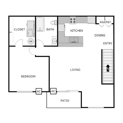 Floor plan for 1 bed, 1 bath, 918 sqft