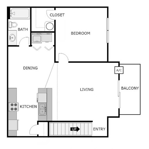 Floor plan for 1 bed, 1 bath, 800 sqft