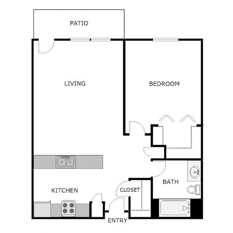 Floor plan for 1 bed, 1 bath, 671 sqft