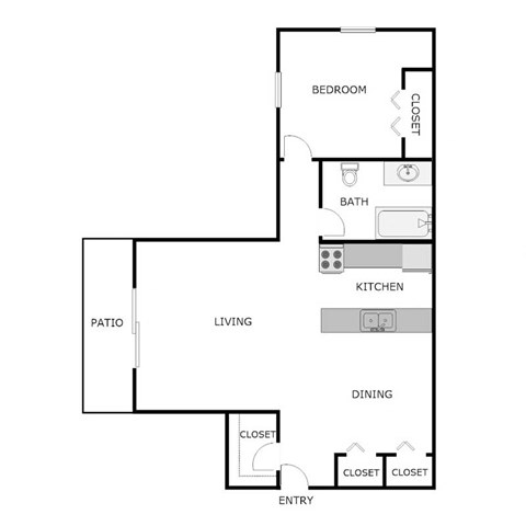 Floor plan for 1 bed, 1 bath, 745 sqft