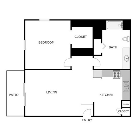 Floor plan for 1 bed, 1 bath, 840 sqft