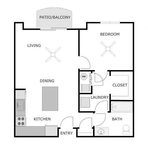 Floor plan for 1 bed, 1 bath, 840 sqft