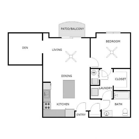 Floor plan for 1 bed, 1 bath, 890 sqft