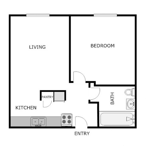 Floor plan for 1 bed, 1 bath, 650 sqft