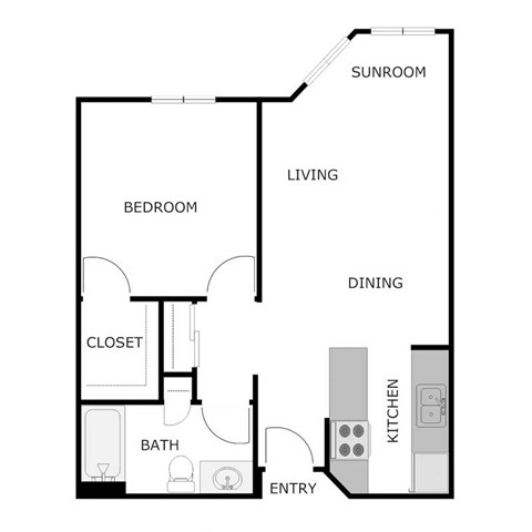 Floor plan for 1 bed, 1 bath, 722 sqft