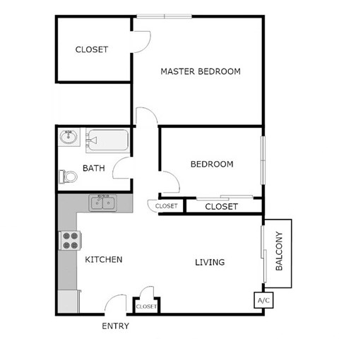 Floor plan for 2 beds, 1 bath, 792 sqft