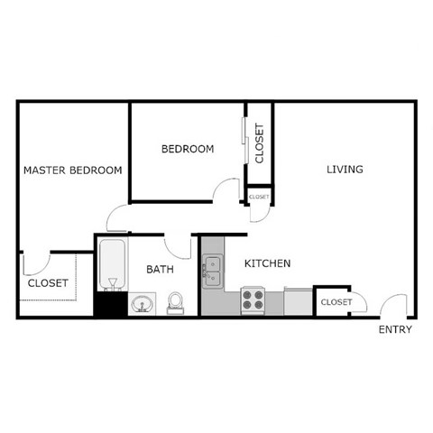 Floor plan for 2 beds, 1 bath, 840 sqft