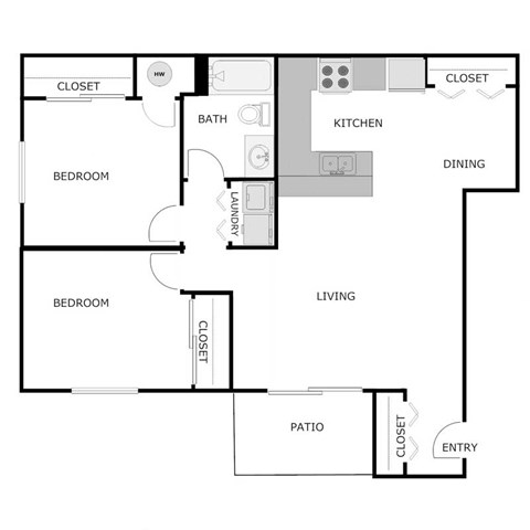 Floor plan for 2 beds, 1 bath, 1050 sqft