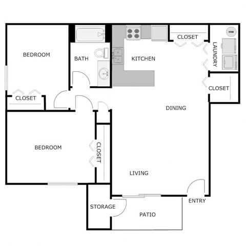 Floor plan for 2 beds, 1 bath, 1100 sqft