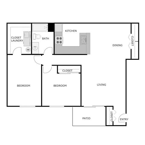 Floor plan for 2 beds, 1 bath, 1121 sqft