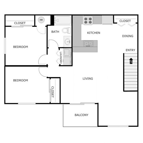 Floor plan for 2 beds, 1 bath, 1130 sqft