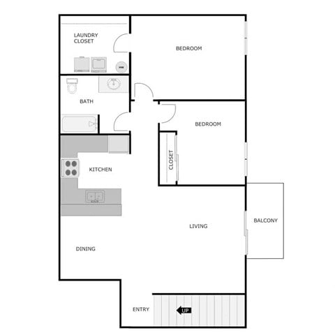Floor plan for 2 beds, 1 bath, 1047 sqft