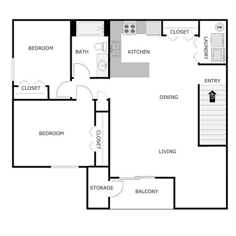 Floor plan for 2 beds, 1 bath, 1100 sqft