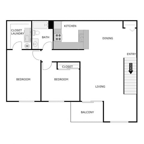 Floor plan for 2 beds, 1 bath, 1206 sqft