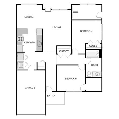 Floor plan for 2 beds, 1 bath, 950 sqft