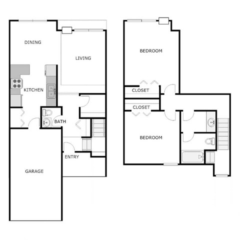 Floor plan for 2 beds, 1.5 baths, 950 sqft