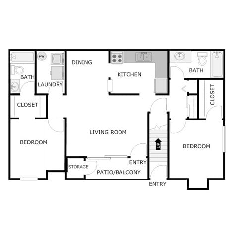 Floor plan for 2 beds, 2 baths, 1020 sqft