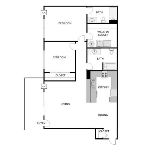 Floor plan for 2 beds, 2 baths, 1067 sqft