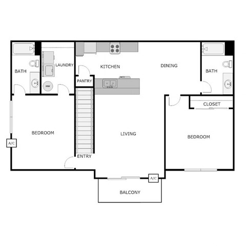 Floor plan for 2 beds, 2 baths, 1075 sqft