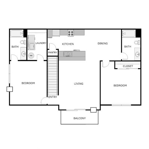Floor plan for 2 beds, 2 baths, 1075 sqft