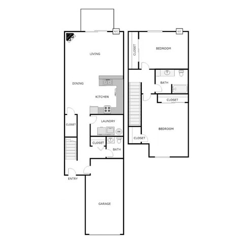 Floor plan for 2 beds, 1.5 baths, 1369 sqft