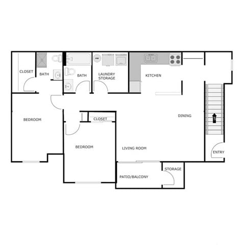 Floor plan for 2 beds, 2 baths, 908 sqft