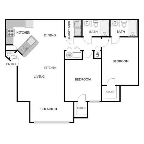 Floor plan for 2 beds, 2 baths, 990 sqft