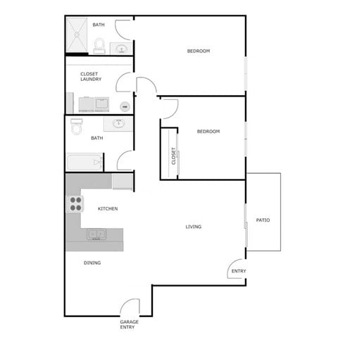 Floor plan for 2 beds, 2 baths, 1051 sqft