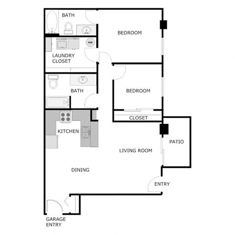 Floor plan for 2 beds, 2 baths, 1067 sqft