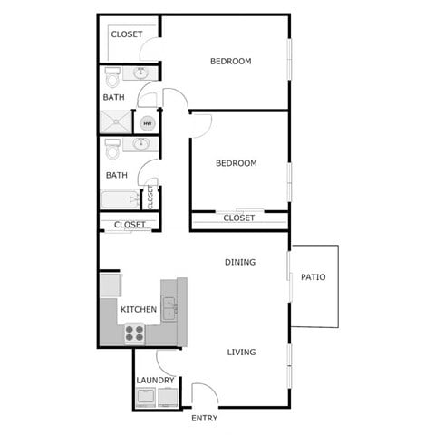 Floor plan for 2 beds, 2 baths, 1233 sqft
