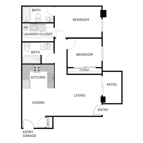 Floor plan for 2 beds, 2 baths, 990 sqft