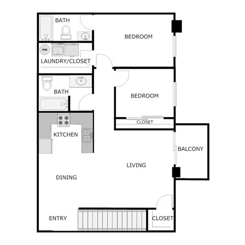 Floor plan for 2 beds, 2 baths, 1059 sqft