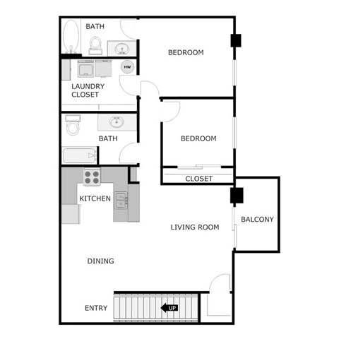 Floor plan for 2 beds, 2 baths, 1135 sqft