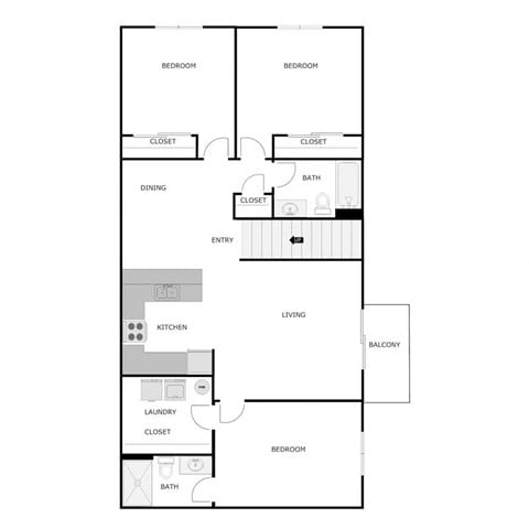 Floor plan for 3 beds, 2 baths, 1309 sqft