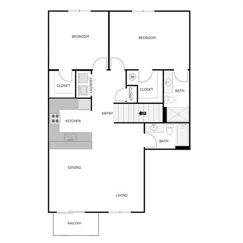 Floor plan for 2 beds, 2 baths, 1378 sqft