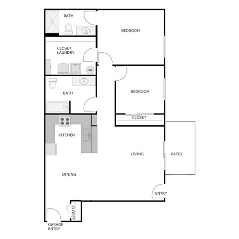 Floor plan for 2 beds, 2 baths, 1067 sqft