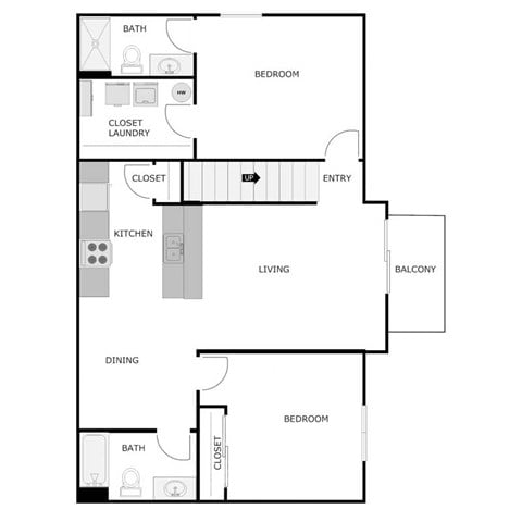 Floor plan for 2 beds, 2 baths, 1075 sqft