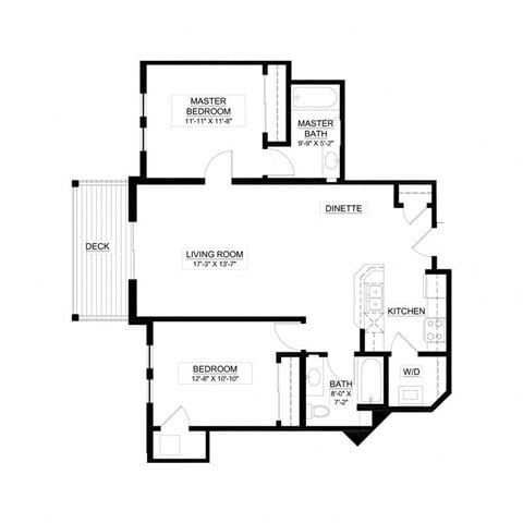 Floor plan for 2 beds, 2 baths, 1040 sqft