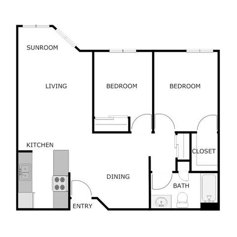 Floor plan for 2 beds, 1 bath, 986 sqft